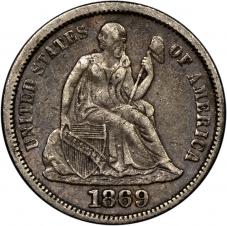 $0.10 1869 Seated Liberty Dime 10c - VF / XF