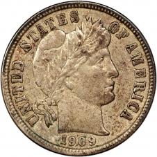 $0.10 1909-D Barber 10c Dime - AU
