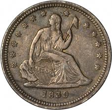 $0.25 1839 Open Claws Seated Quarter Dollar 25c - XF / AU