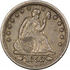 Error $0.25 1853-O A&R Arrows & Rays Seated Quarter 25c Retained Cud Error - XF