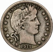 $0.25 1911-S Barber Quarter 25c - Raw Fine