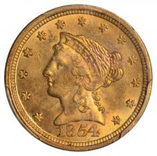 $2.50 1854 Gold $2 1/2 Quarter Eagle - PCGS MS62 CAC PQ