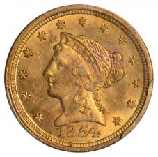 $2.50 1854 Gold $2 1/2 Quarter Eagle - PCGS MS62 CAC PQ