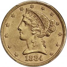 $5.00 1884 Gold Half Eagle $5 - PCGS MS62