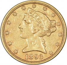 $5.00 1893-O Gold Five Dollar Half Eagle - XF / AU