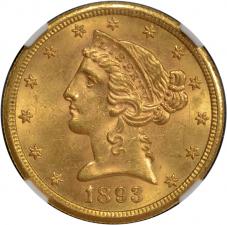 $5.00 1893-S Gold Half Eagle $5 - NGC MS63