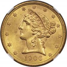 $5.00 1906-S Gold Half Eagle $5 - NGC MS63 CAC 