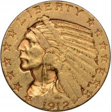 $5.00 1912-S Gold Five Dollar Indian Half Eagle - Raw AU