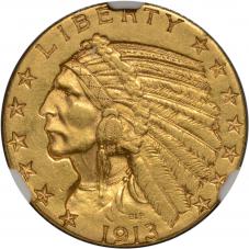 $5.00 1913-S Gold Five Dollar Indian Half Eagle - NGC AU58 PQ