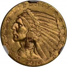 $5.00 1914-D Gold Five Dollar Indian Half Eagle - NGC MS63 PQ