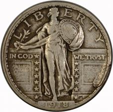 Error $0.25 1918-D Standing Liberty Quarter Misaligned Die & Delaminating Planchet - XF