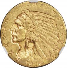 Error $5.00 1914-D Gold Indian Half Eagle Minor Curved Clip - NGC MS62